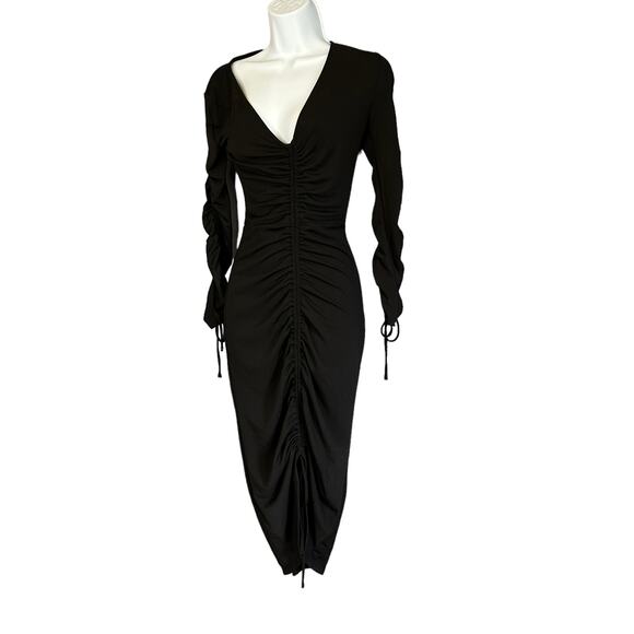Michael Costello Black Ruched Midi Dress XXS Bodycon Cocktail Designer $230 NEW - Picture 5 of 8